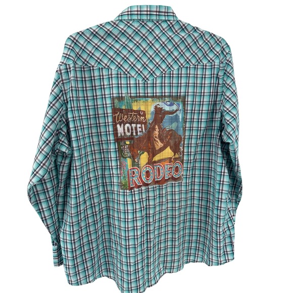 Rare Wrangler Western Shirt 2XL Motel Rodeo Graphics Pearl Snap Plaid Turquoise - Picture 1 of 12